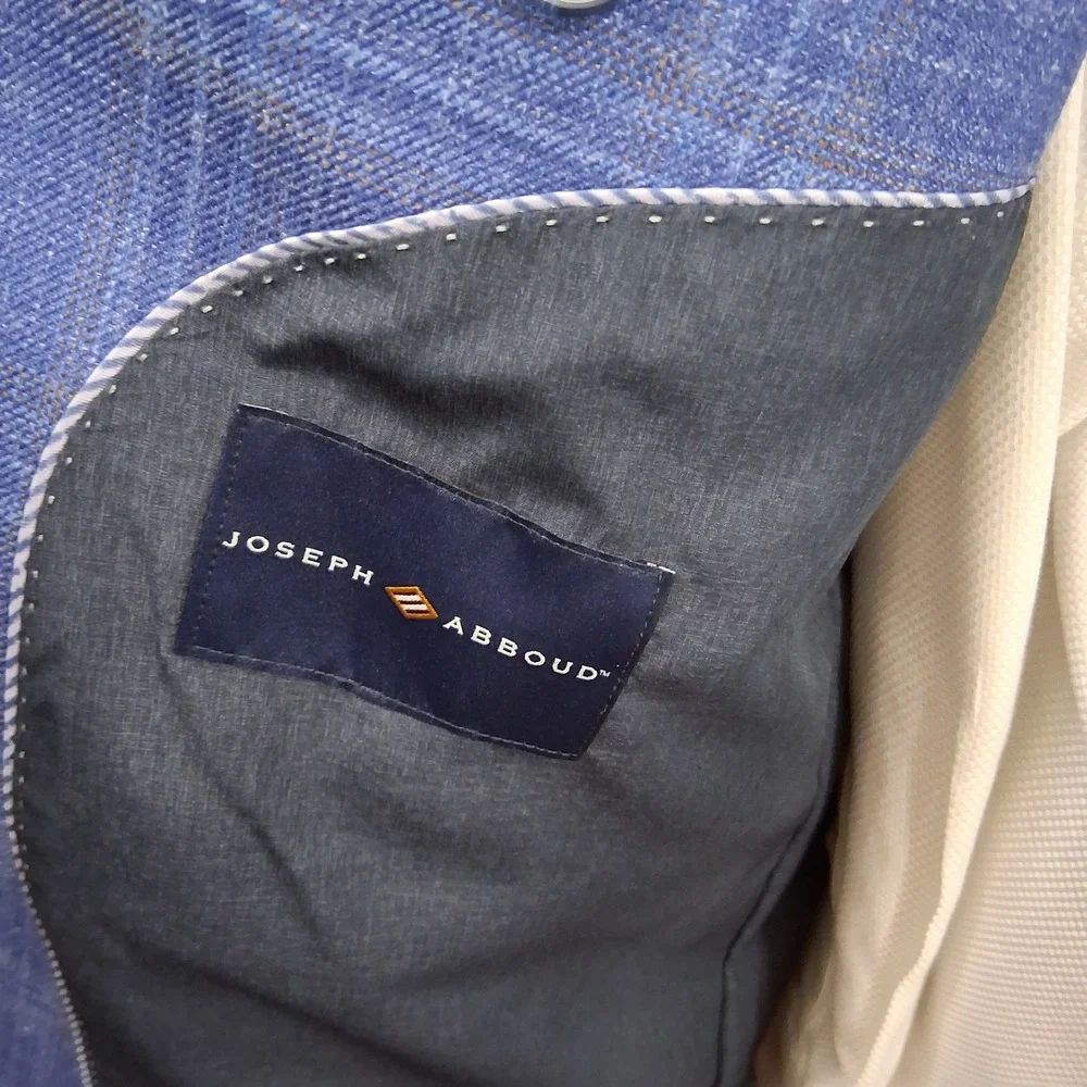 Joseph Abboud Sport Coat Mens 48 Long Blue Plaid Wool Silk Linen Classic Fit